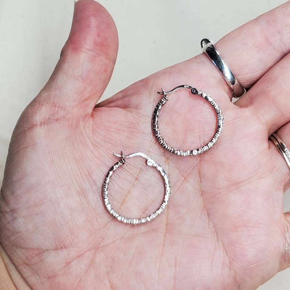 Earrings 1" Hoops 925 Sterling Silver FAB Prong Cubic Zirconia Pierced Vintage - Picture 5 of 8